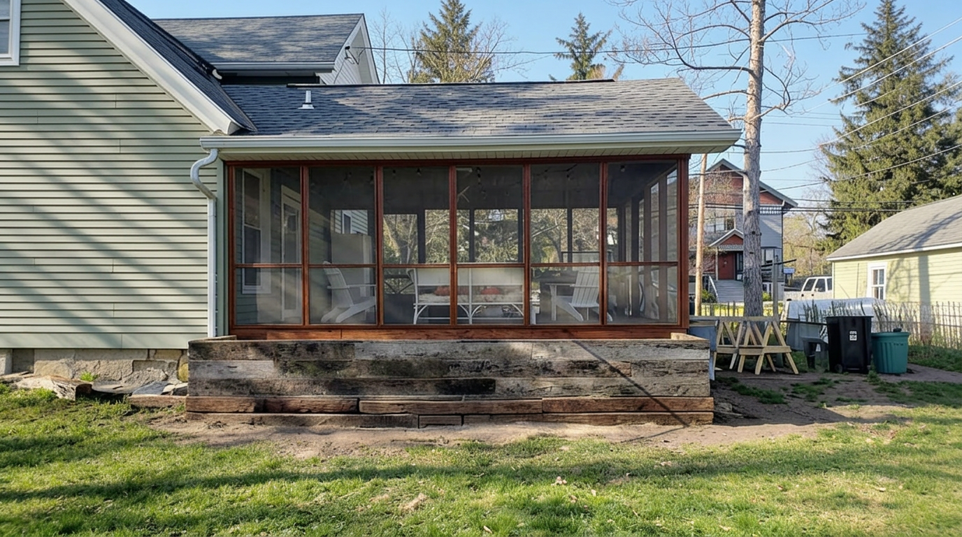 Screen Porch with Reclaimed Timber Base